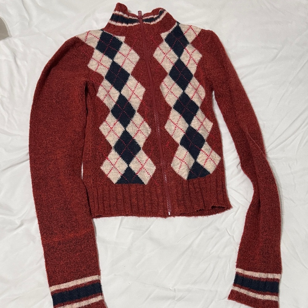 Urban Outfitters Red Argyle Zip Cardigan with Navy & Cream